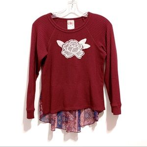 Jenna & Jessie Floral Knit Lace Crochet Embroidered Maroon Burgundy Cranberry